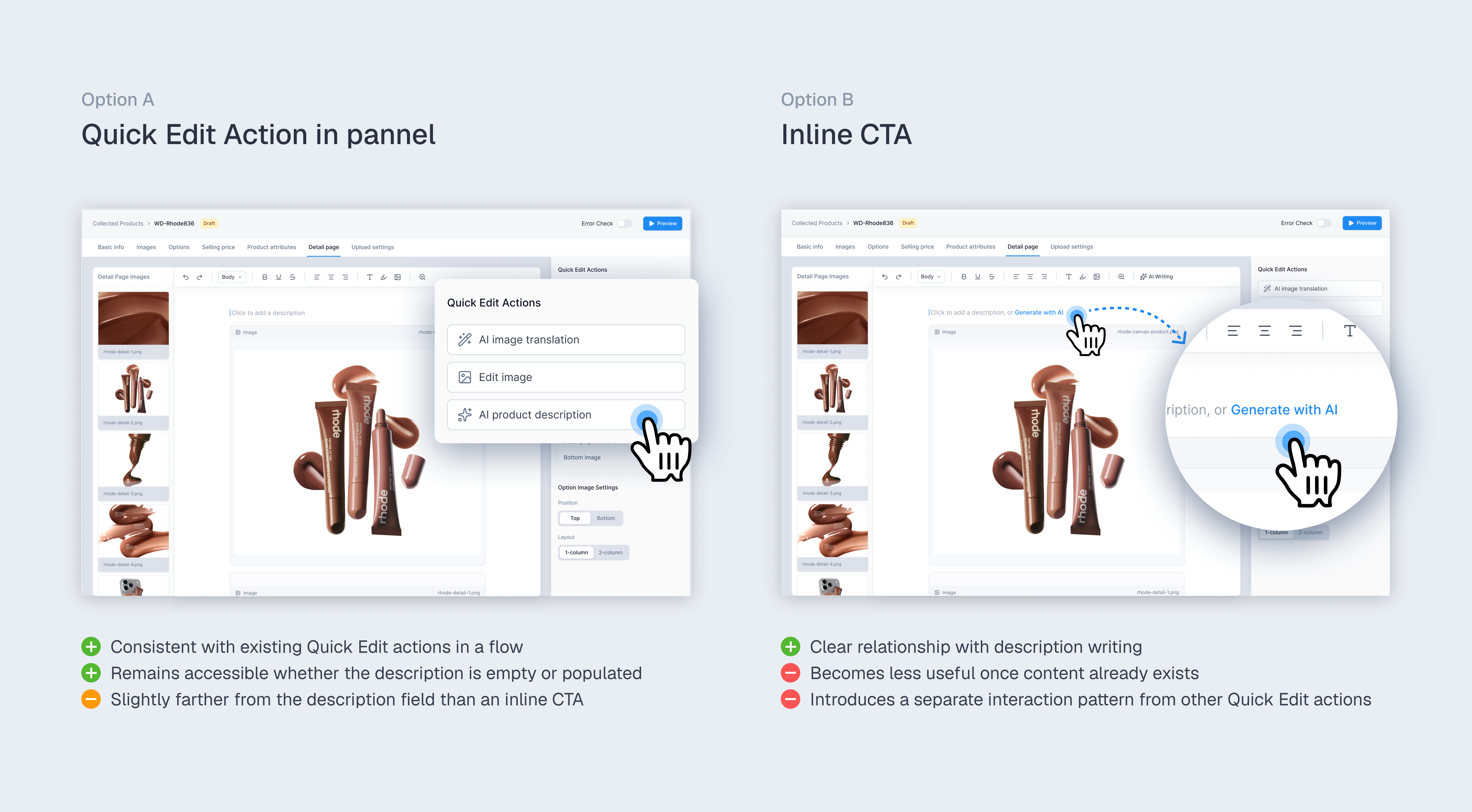 Comparison of Quick Edit Actions and an inline CTA for the AI Writing entry point