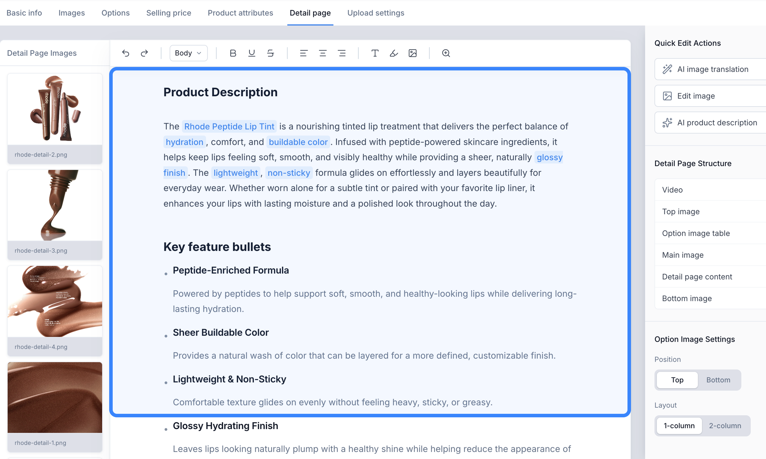Option A showing the generated description applied directly in the listing editor