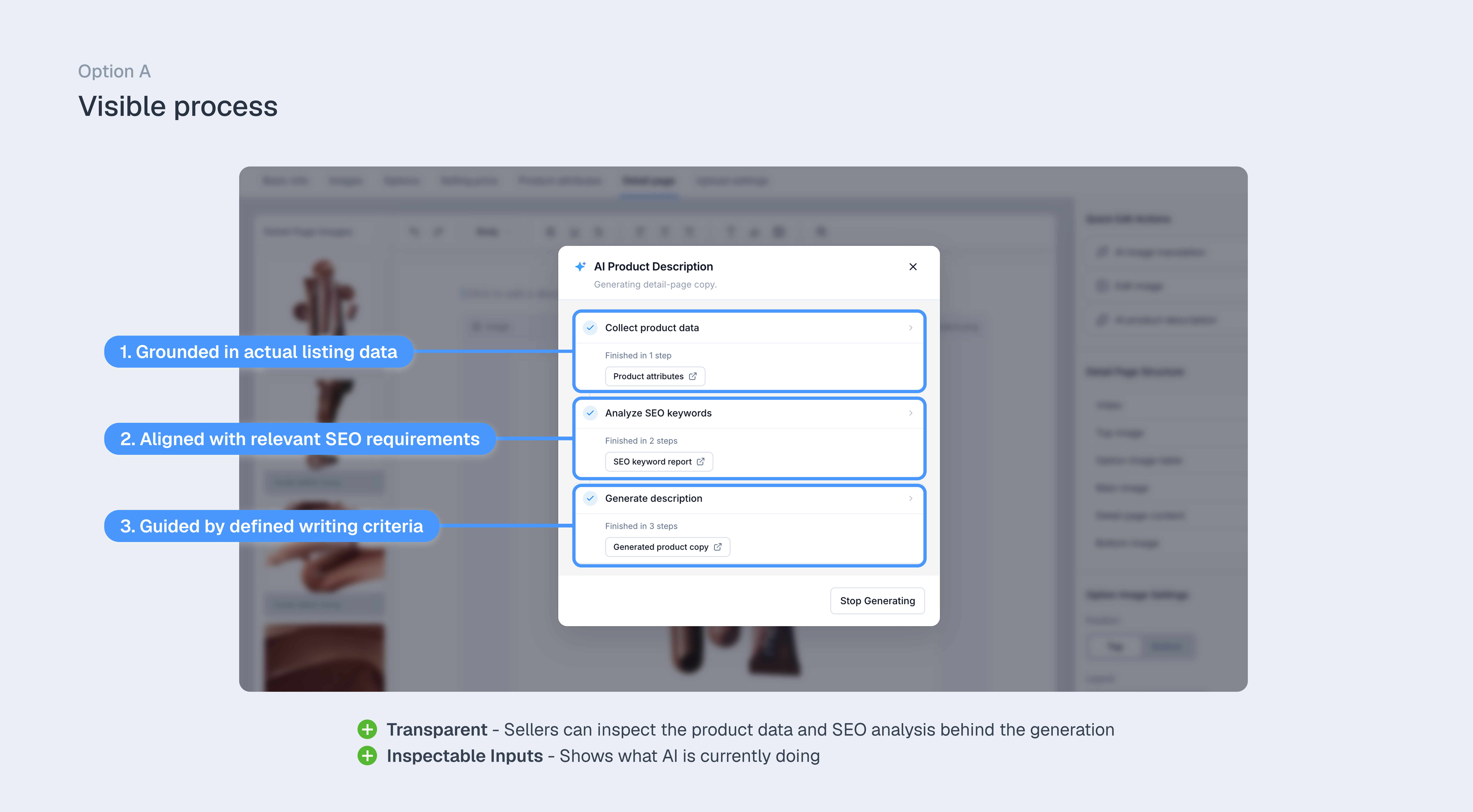 Visible AI generation process showing the product data, SEO analysis, and writing criteria behind the description